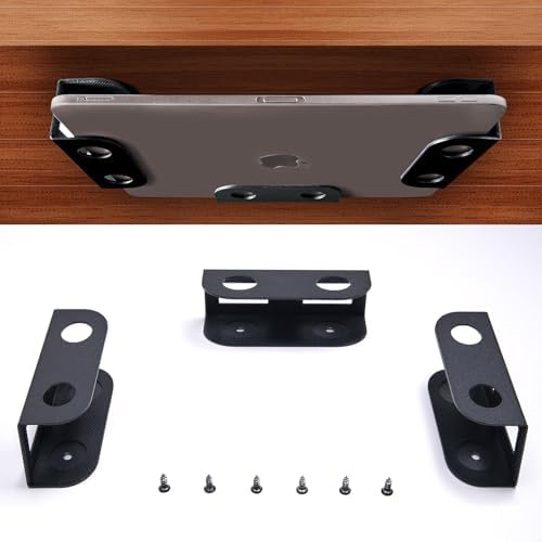 BYMECOST Under Desk Laptop Storage Mount, Metal Under Desk Device Holder, for Devices Up to 1.37" Thick, MacBook, Mini, Keyboard, Router, with Anti-Scratch Silicone (Black)