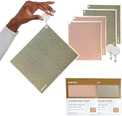 Papaya Reusable Paper Towels 4-Pack - 4 Sheets + 2 Hooks, Quick Drying, No Odor, 1 Sheet Replaces 17 Rolls, Washable Kitchen Cloth, Sustainable Dish Sponge, Eco Friendly Gift (Oat Milk Latte)