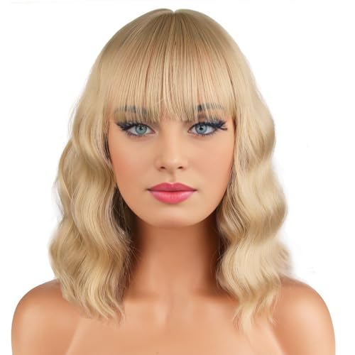 BERON 14 Inches Blonde Wig Short Curly Wig Women Girl's Synthetic Wig Ash Blonde Wig with Bangs Wig Cap Included