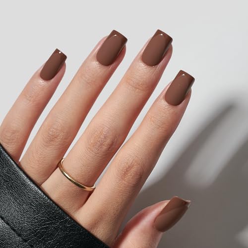 BTArtbox Press on Nails Short Square - Dark Brown Nails with Glossy French Tips in a Matte Finish, Soft Gel Fake Nails Glue On Nails in 16 Sizes for Gift, Coffee Toffee