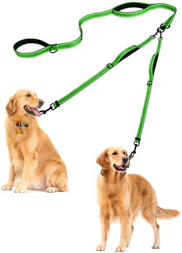 PetBonus Double Dog Leash, No Tangle Dual Dog Leash, Reflective Walking Training Leash, 4 Comfortable Padded Handles for 2 Dogs with Collapsible Bowl and Waste Bags (Green, Large)