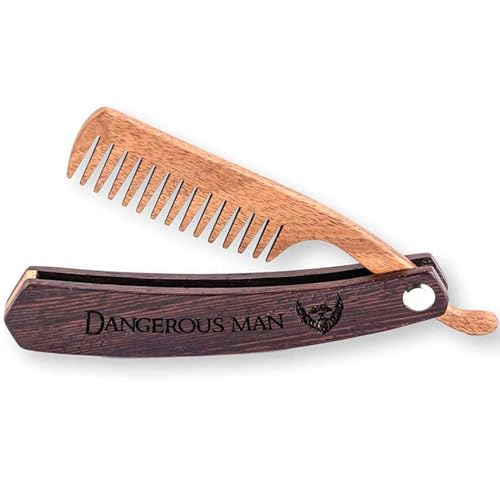 Beard Comb Gifts for Him Wooden Comb for Men Folding Pocket Comb for Moustache Beard Hair Walnut Combs Husband Anniversary Gift with the Engraving (Fear The Beard) (Model DM)