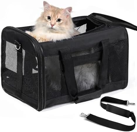 Cat Carrier Airline Approved, Soft-Sided Dog Carrier with Inner Safety Leash, Pet Transport Carrier for Small-Medium Cats Puppies up to 15 Lbs, Collapsible Travel Kitten Carrier Bag -BlackM