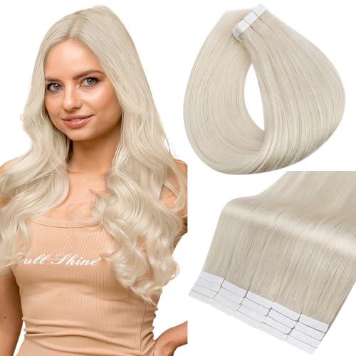 Full Shine Invisible Tape in Hair Extensions 14 Inch Soft Natural Tape in Extensions Color 1000 White Blonde Hair Extensions Tape in Skin Weft Tape in Human Hair Extensions For Women 40 Pcs 100 Gram