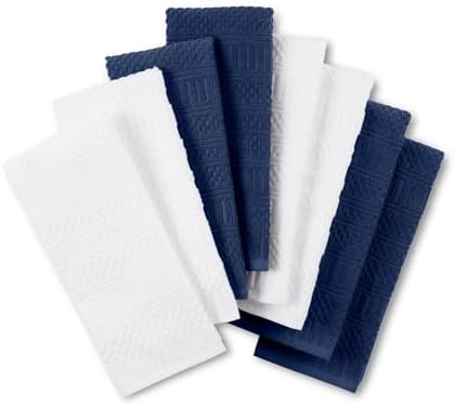 KitchenAid Cotton Classics Textured Solid Kitchen Towels 8-Pack, Absorbent 100% Cotton, Ink Blue/White, 17”x28”
