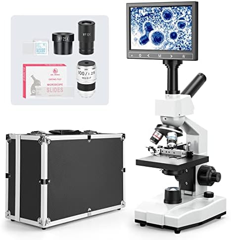 Dual-View Lab Compound Monocular Microscope 40X-2500X Magnification with 7" LCD Display, Wide-Field 4X/10X/40X(s)/100X(Spring Oil) Eyepieces, Adjustable Mechanical Stage, Aluminum Carry Box