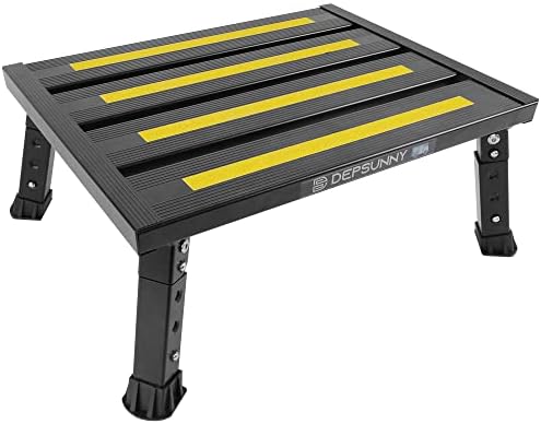 Adjustable Height Aluminum RV Step, Stable Foldable Platform Step Stool, Supports Up to 1,000 lb, Non-Slip Rubber Feet and Platform Mat, Easy to Carry (Black)