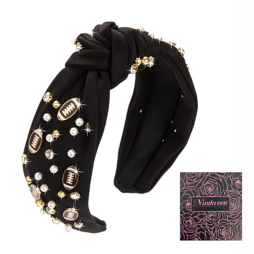 Women's Fashion Football Headband Black Red Orange Blue Pearl Rhinestone Jeweled Knotted Headband for Girl's Fashion Cute Wide Headband for Mother's Day,Christmas,Birthday Gift