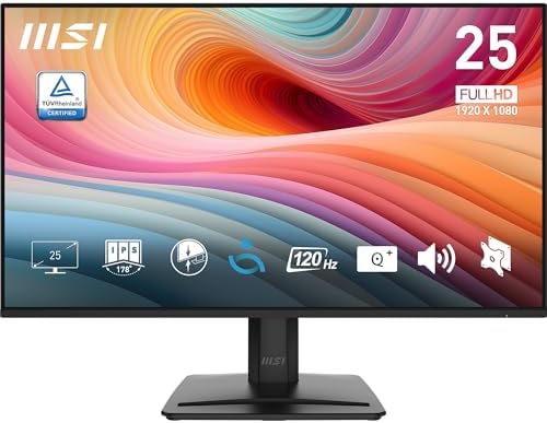 MSI PRO MP251 E2 24.5-inch IPS 1920 x 1080 (FHD) Gaming Office Monitor, 120Hz, Adaptive-Synch, HDR Ready, HDMI, VGA Port, Display Port,VESA Mountable, Tilt, Speaker, 1ms, Black
