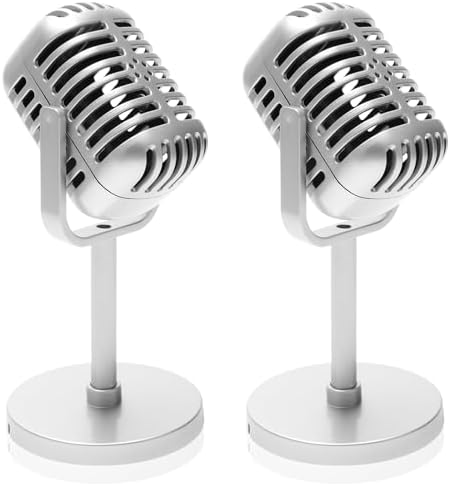 2 Pack Retro Microphone Props Model, Antique Microphone Prop for Vintage Microphone Prop with Stand for Party Decorations Pretend Play(Not True) (Silver)
