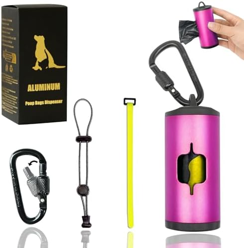 Metal Dog Poop Bags Holder|Aluminum Poop Bags Dispenser with 15 Black Pet Waste Bags 3 Leash Clasp and Elastic Rope