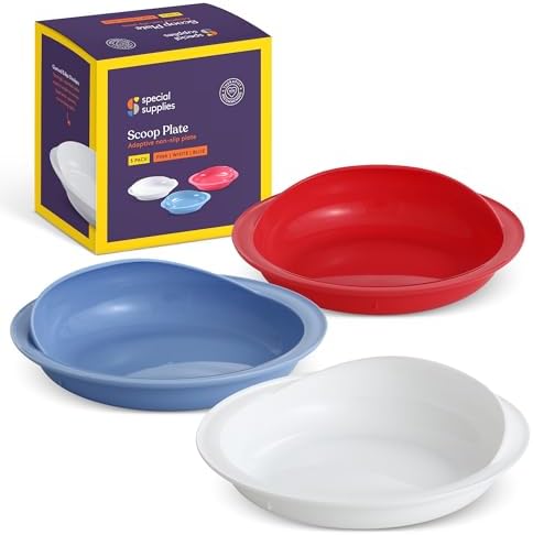 Special Supplies Adaptive Spill-Proof Scoop Plates- Dishes with Wall for Disabled, Elderly Adults with Special Needs from Parkinson's, Dementia, Tremors- 3 Pack (White, Blue, Red)
