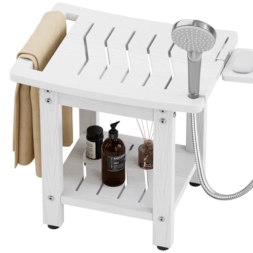 YEFU Shower Chair for Inside Shower: Waterproof/No Maintenance - Shower Stool with Shelf & Handle Weight 400 LBS - Use for Bathrooms/Outdoor - Non-Slip Easy Assemble Bench for Adult/Elderly/White