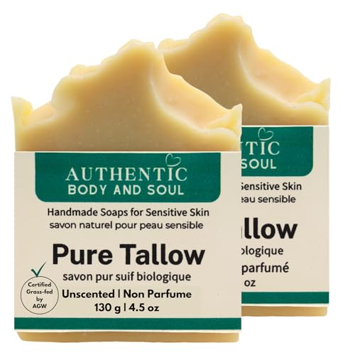 1 Ingredient Organic Tallow Soap for Sensitive Skin - 130 grams each, Pack of 2 - Premium Unscented and Fragrance Free Beef Tallow Skincare, Certified Grass-Fed by AGW (2 Pack Unscented)