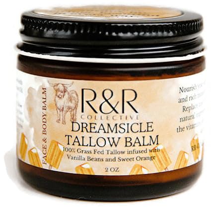 R&R Collective Whipped Tallow Balm (Dreamsicle) - 100% Grass Fed Beef Tallow for Skin Care- 100% Natural Handmade Whipped Orange & Vanilla Tallow Balm for Sensitive Skin- 2 FL. oz.
