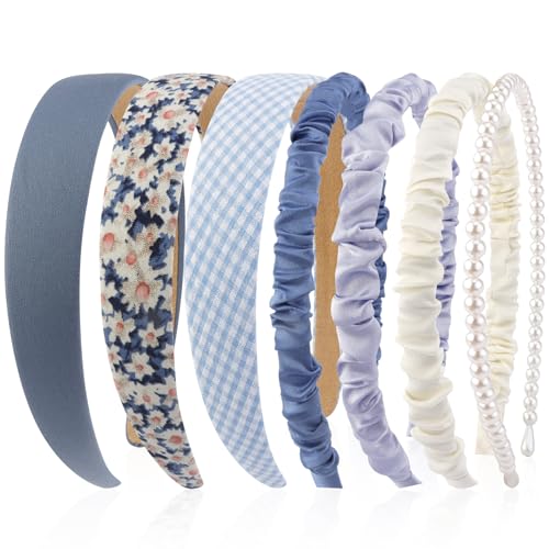 VELSCRUN 7 Pcs Different Headbands for Women Fashion Blue Solid Head Bands Pearl Headband Non Slip Hair Band for Womens Thin Thick Short Hair Face Wash Hair Accessories Gifts for Women Gilrs