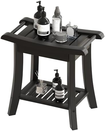 Bamboo Shower Bench Stool with Storage Shelf Small Shower Chair Seat for Inside Shower 19 x 10 x 18 Inches Black