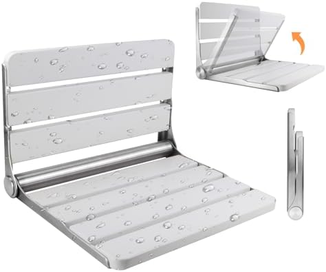 Teak Folding Shower Seat Wall Mounted, 16" Foldable Shower Bench, 400lbs Max Load, Space-Saving Fold Down Design for Seniors, Elderly & Small Shower Spaces (White, 16 inchs)