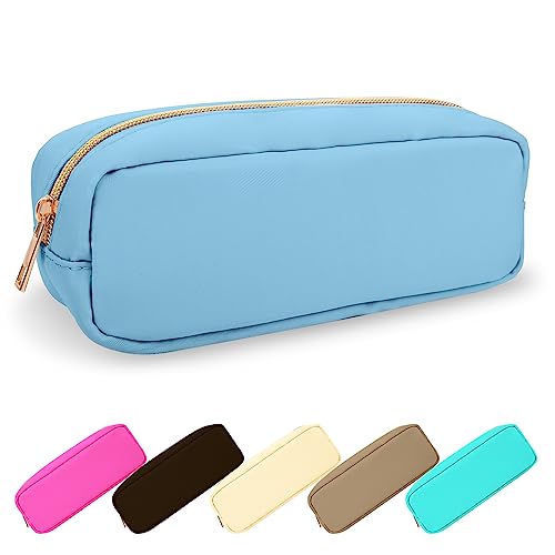 Waterproof Small Pencil Case Makeup Bag for Purse,Cute Pencil Pouch Preppy Nylon Makeup Brush Holder with Zipper,Girls Portable Storage Case Small Pen Bag for Office College(Slim-Blue)