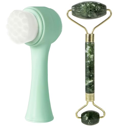 Face Brush 2 in 1, Silicone Facial Cleansing Exfoliating Brush Soft Bristles Pore Deep Cleansing, Jade Face Roller Skin Care Tools, Manual Dual Face Wash Scrub Brush Massaging Gift, Blue+Green