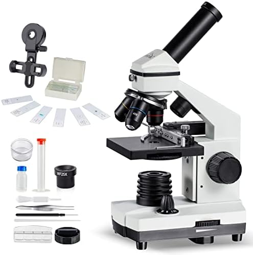 MAXLAPTER Microscope Kit for Kids 8-12 with Prepared Slides, 100-1000X Professional Compound Microscope for Kids Students with Mechanical Stage, Optical Glass Lenses, 10 Slides, Filter, Phone Adapter