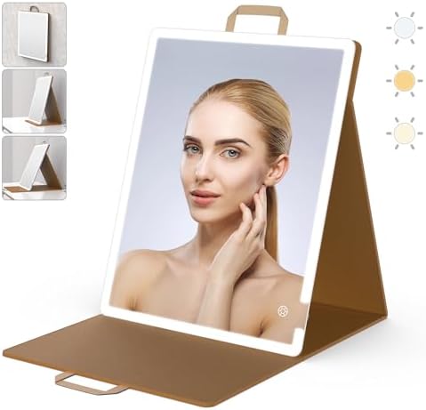 WEILY Portable Makeup Mirror with Lights, Touchable Three Colors Dimmable Lighted Makeup Mirror, 2000 mAh Type-C Rechargeable Vanity Mirror, Portable Hollywood Hanging Detachable Mirror (Khaki)