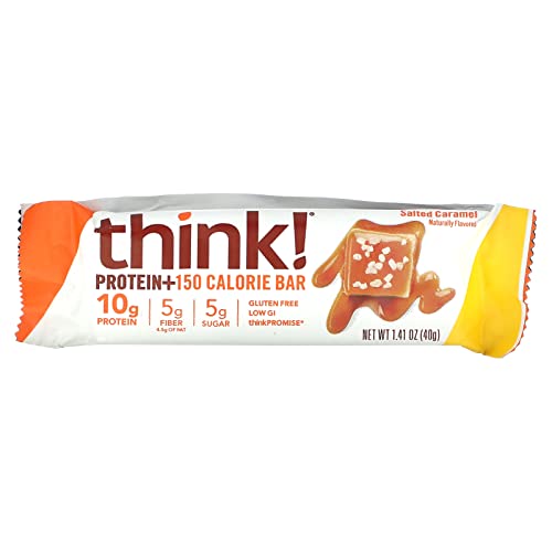 think! (thinkThin) Protein+ 150 Calorie Bars - Salted Caramel, 10g Protein, 5g Sugar, No Artificial Sweeteners**, Gluten Free, GMO Free*, 1.4 oz bar (10 Count - Packaging May Vary)