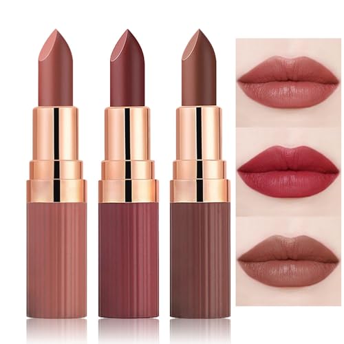 3 Pcs Nude Lipstick Matte Sets,Light to Dark Velvet Lipstick for Women Long Lasting Waterproof 24 Hours Lip Stick Lip Stain Makeup Gift Sets,labiales mate 24 horas originales