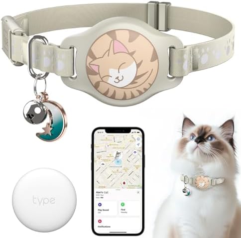 Cat Tracker Collar - Tracking Pet Collar with Finder Tag Waterproof, No Monthly Fee, Compatible with Apple Airtag Find My (iOS Only), Breakaway Tractive Design with Reflective Pattern & Bell, Khaki