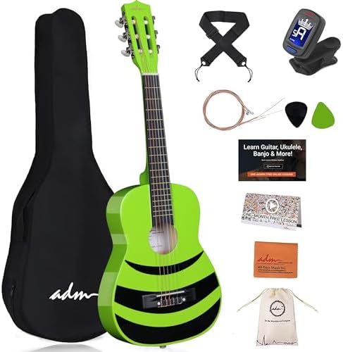 ADM Beginner Acoustic Classical Guitar Nylon Strings Wooden Guitar Bundle Kit for Kid Boy Girl Student Youth Guitarra Online Lessons with Gig Bag, Strap, Tuner, Picks (30 Inch, Geen)