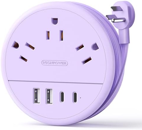 NTONPOWER Purple Extension Cord with 3 AC Outlet 4 USB(2 USB C), Purple Power Strip 4FT Flat Extension Cord, Compact for Purple Desk Accessories,Home