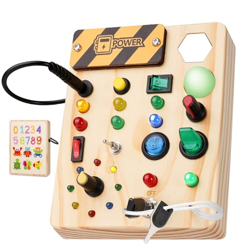 Montessori Busy Board Toys: Wooden Sensory Toy for Toddler with LED Light Up Switch, Educational/Christmas/Birthday Gifts for 1-3 Year Old Boys & Girls