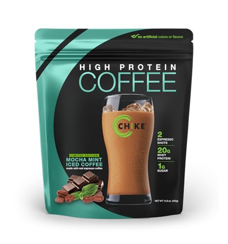 CHIKE Mocha Mint High Protein Iced Coffee, 20 G Protein, 2 Shots Espresso, 1 G Sugar, Keto Friendly and Gluten Free, 14 Servings (14.8 Ounce)