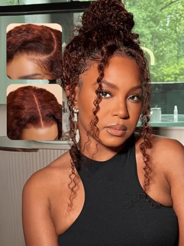 UNICE Bye Bye Knots Glueless Wig 7x5 Pre Cut Lace Front Wigs Human Hair Reddish Brown Deep Curly Invisible Knots Pre Everything Put on and Go Human Hair Wig Pre Plucked 150% Density 14inch