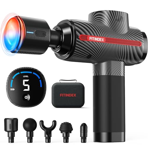 FITINDEX Massage Gun with Heat and Cold: Deep Tissue Muscle Massager with LED Display, Percussion Handheld Massage Gun Fast Charging with 5 Heads, Gift Ideal, FSA and HSA Eligible
