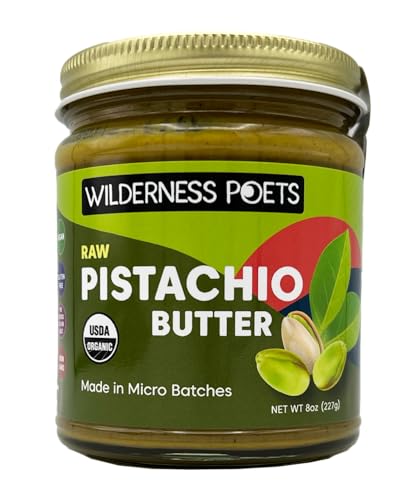 Wilderness Poets, Pistachio Butter - Organic, Raw, 100% Pistachio - Glass Jar (8 Ounce) - Perfect for Dubai Chocolate Bar Desserts with Kataifi or Savory Creations - Unsweetened, California-Grown