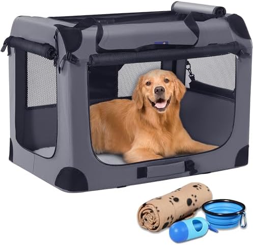 Petprsco 40 Inch Collapsible Dog Crate, Portable Dog Crates for Large Dogs, XL Dog Crate for Travel, 3 Door Soft Dog Kennel with Durable Mesh Windows Indoor & Outside
