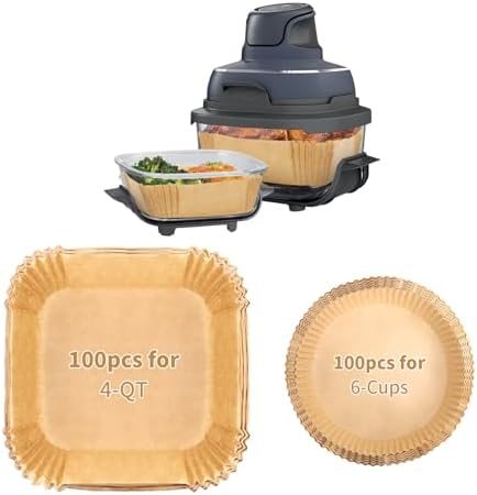 200PCs Air Fryer Paper Liners for Ninja Crispi, Non-Stick and Disposable, Fits Ninja Crispi FN101GY, 100 Large for 4-Qt & 100 Small for 6-Cup Container, Bleach-Free Square/rounded Paper Accessories.