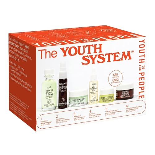 Youth To The People The Youth System Set, 6-Pc Superfood Antioxidant Skincare Giftset, Mini Travel Essentials with Cleanser, Face Oil, Moisturizer, Serum, Facial Mask, and Eye Cream, All Skin Types
