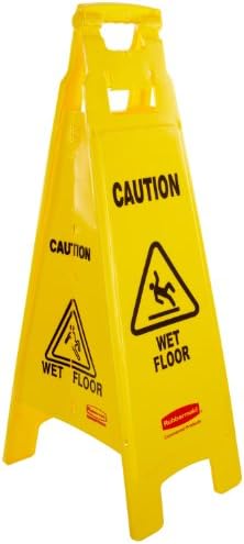 Rubbermaid Commercial Products Multilingual "Caution Wet Floor" Sign, 38-Inch, Yellow, 4-Sided, Folds Flat for Easy Storage, Floor Warning Sign for Public Spaces