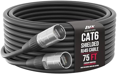 LyxPro 75 Feet Shielded CAT6 Ethercon Cable - Professional Audio & Lighting RJ45 Cable, Studio-Grade Sound Transmission, Extreme Durability - Black