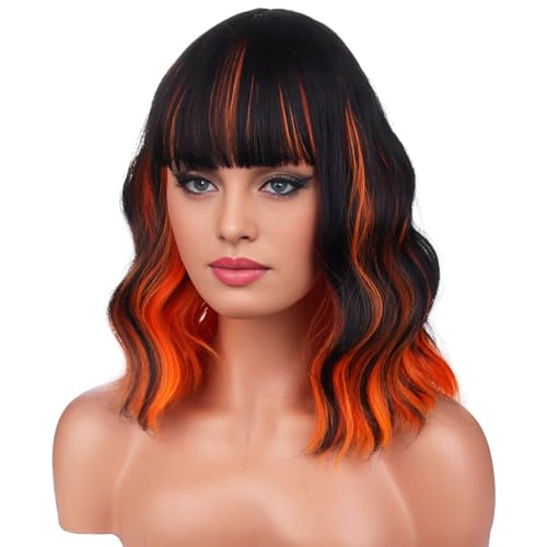 BERON 14 Inches Black Orange Wigs with Bangs Short Orange Bob Wigs Halloween Wigs for Women Loose Wavy Wig for Women Girls