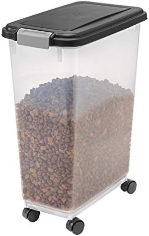 IRIS USA Airtight Dog Food Storage Container, Up to 38 lbs, Attachable Wheels, For Dog Cat Bird and Other Pet Food Storage Bin, Keep Fresh, Translucent Body, Easy Mobility, Black