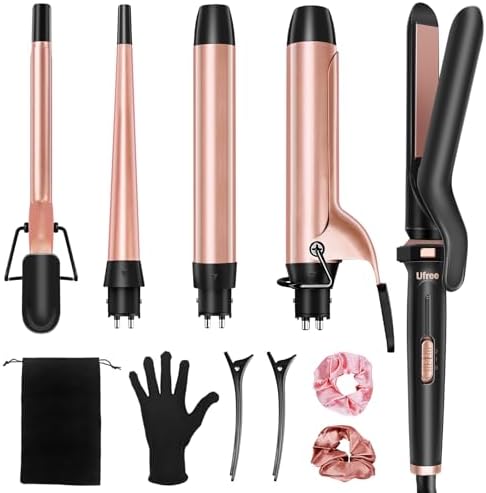 Ufree 5 in 1 Curling Iron with Interchangeable Ceramic Barrels (0.35"-1.25"), Curling Wand Set with Flat Iron Hair Straightener, Professional Instant Heat Up, Dual Voltage Hair Curler, Women Gifts