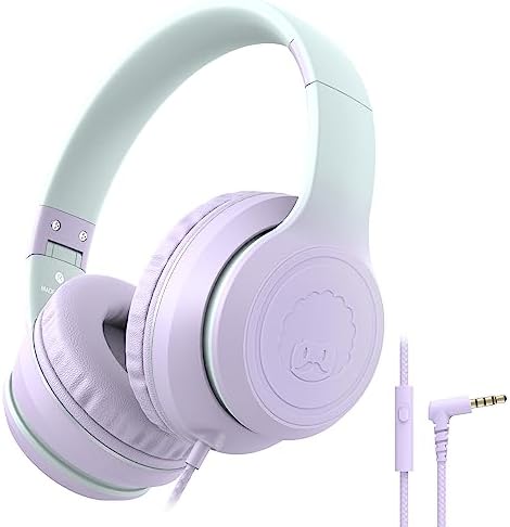 rockpapa L22 Wired Headphones for Kids Girls Boys Women with Microphone, Foldable Stereo 3.5mm Corded Headphones for School Classroom Chromebooks Computer Laptop Phone Airplane (Purple)