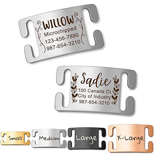 Anavia Slide On Silent Pet ID Tags, Fun Wild Flower Frame Design Personalized Engraved Plated Stainless Steel Cat Dog Name Tags, Glossy Customized Chew-Proof Quiet Dog Collar Tags (X-Large, Silver)