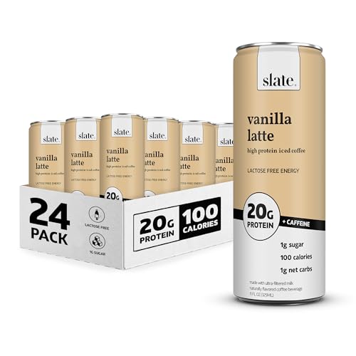 Slate Milk - High Protein Iced Coffee - Vanilla Latte - 175mg Caffeine, Lactose Free Energy - 20g Protein, 1g Sugar, 100 Calories, 1g Net Carbs, No Sugar Added - Protein Coffee - 11 fl oz, 24 Cans