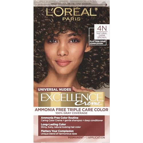 L’Oréal Paris Excellence Universal Nudes Permanent Hair Color, Ammonia Free Hair Dye for Gray Hair Coverage, 4N Natural Dark Brown, 1 Hair Dye Kit