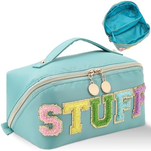 Stoney Clover Preppy Makeup Bag, Large Capacity Travel Cosmetic Bag, Chenille Letter Open Flat Nylon Bag, Mint