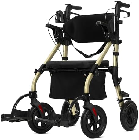 ELENKER All Terrain Rollator Walker Transport Wheelchair Combo, 2 in 1 Rolling Walker with Padded Seat and Wide Backrest, Champagne